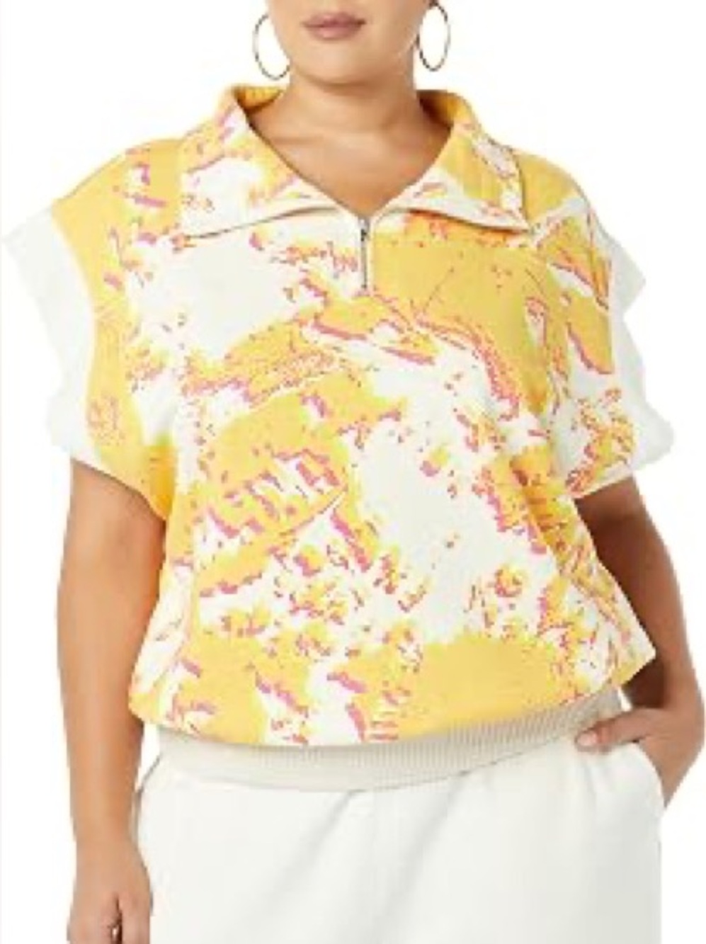 Making the Cut Women’s Yellow Marble-Print Zip-Neck Top